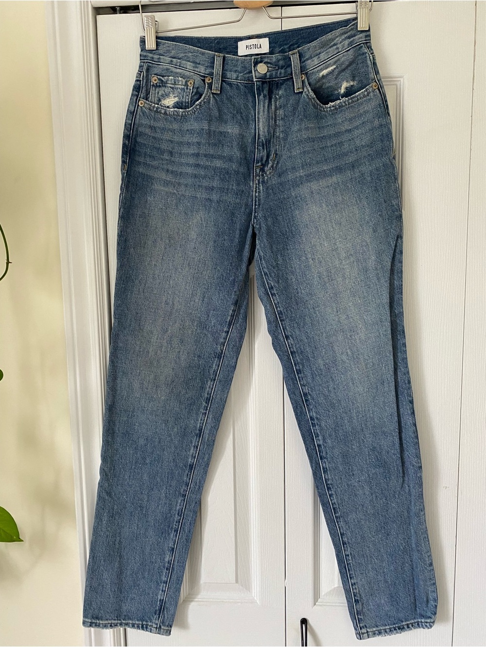 Pistola High Rise 11 inches Straight Leg Mid Wash Jeans distressed pockets 26